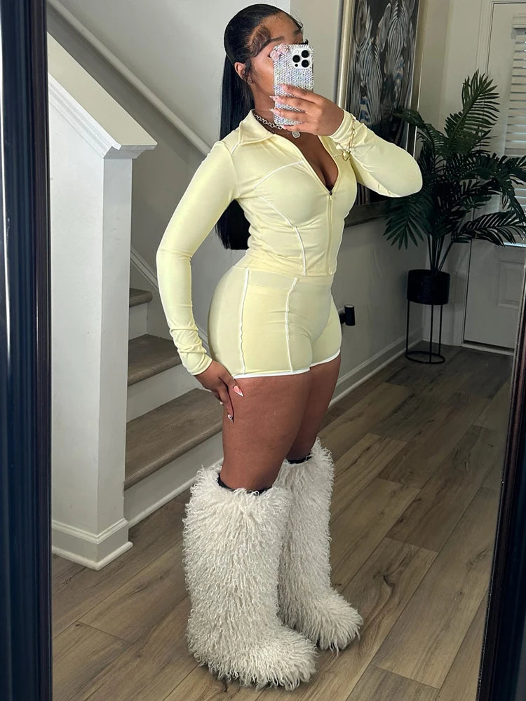 Women's 2-Piece Short Pants Sets Solid Color Women Tracksuit Winter Yoga Set Long Sleeve Gym Training Clothes Yoga Tight Jacket