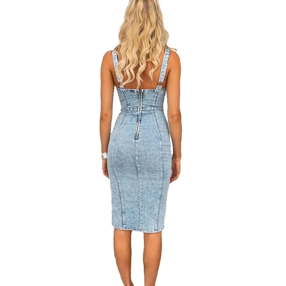 Women Denim Dresses Spaghetti Straps Bodycon Jeans Dress Ladies Knee Length Vintage Vestidos