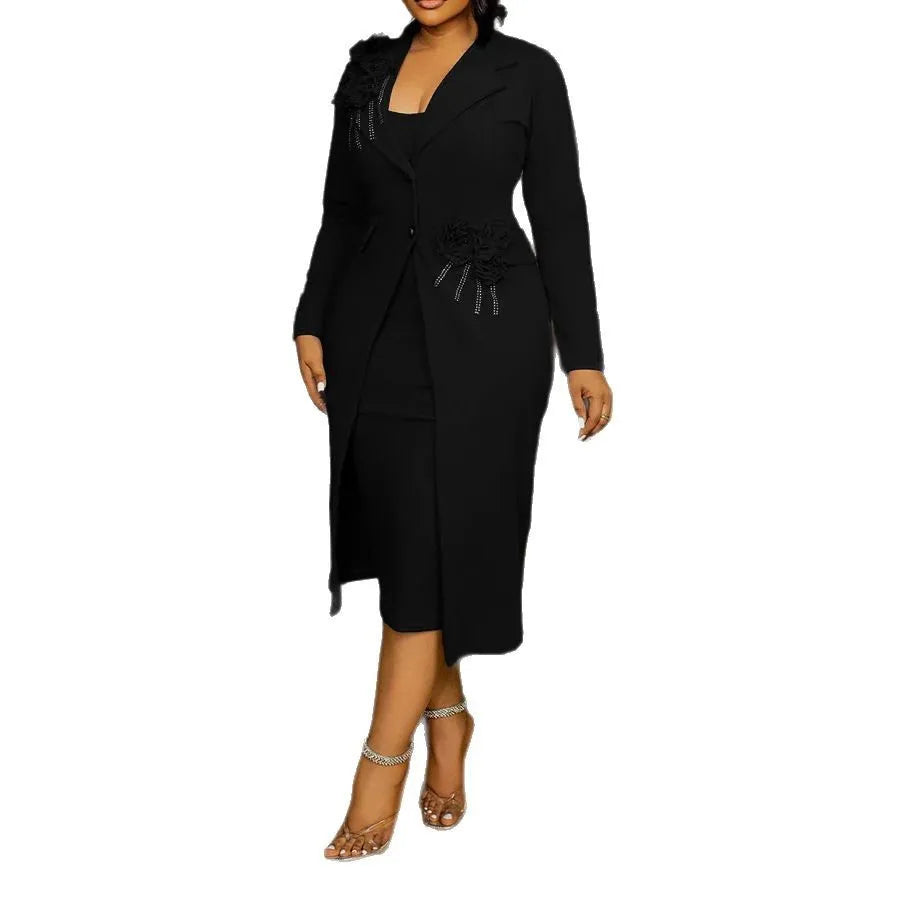 Maxy Women Dress Sets Two Pieces Set Matching Set Casual Elegant Flower V Neck Suit Coat Mid Calf Slip Dress Party Night Work