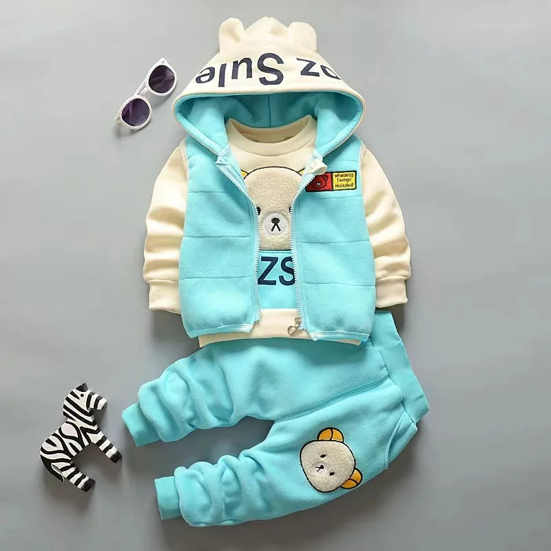 Maxy New Autumn Winter Baby Girl Clothes Children Boys Thickened Hooded Vest T-Shirt Pants 3Pcs/Sets Toddler Costume Kids Tracksuits