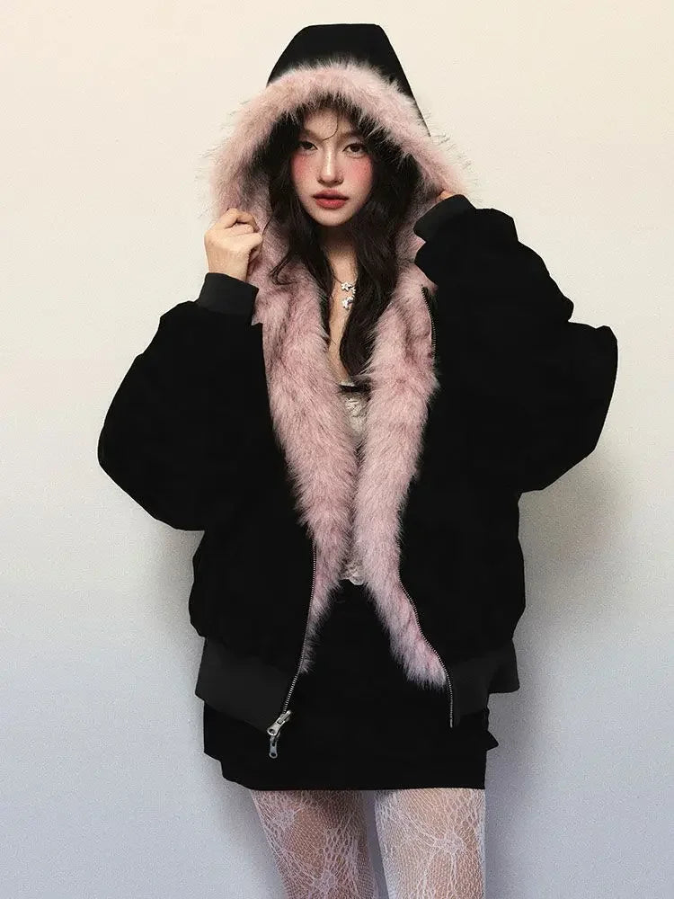 Maxy New Winter American Retro Pink Fur Hooded Workwear Thickened Short Jacket Skirt Two-piece Suit for Women