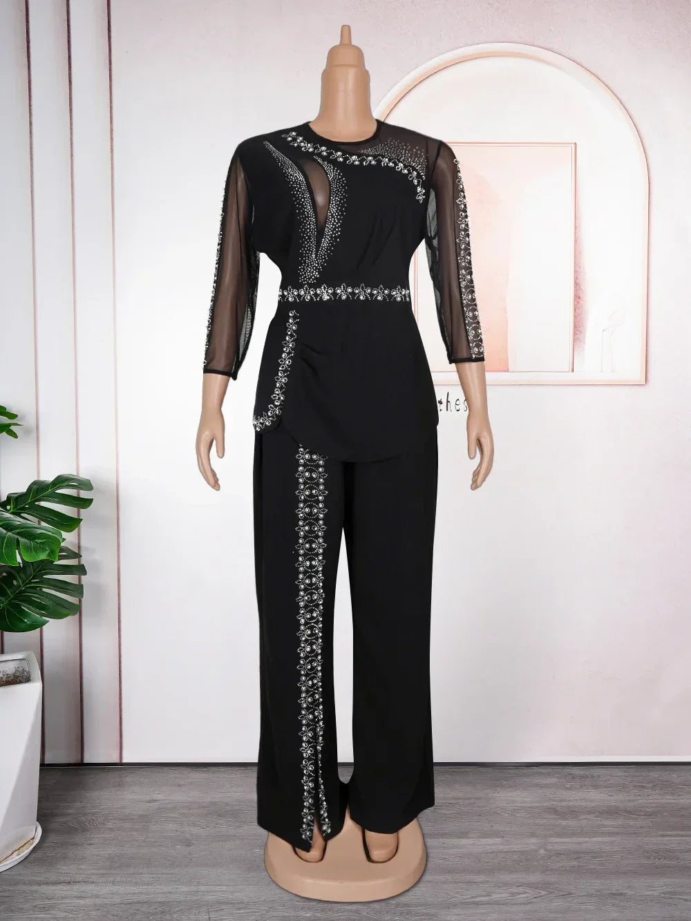 Maxy Clothes for Women 2 PCS Autumn Elegant 3/4 Sleeve Top Long Pant Matching Sets Outfits Dashiki Africa Clothing L-3XL