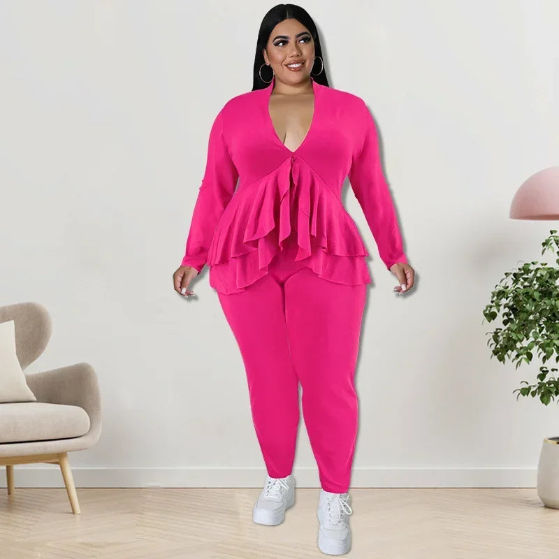 Amay Plus Size Women Set Fashion Ladies Ruffles Hem V-neck T-shirt and Legging Pants Suit Spring Female Two 2 Piece Set Outfit