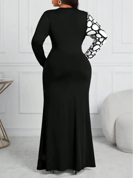 Maxy  Plus Size Autumn V-neck Long Sleeve Mermaid Hem Bodycon Dress Women Black Contrast Print Elegant Maxy Dresses New