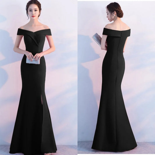 Maxy Evening Dresses Black Stretchy Off the Shoulder Zipper Back Mermaid Trumpet Slit Floor Length Women Party Formal Gowns YE006