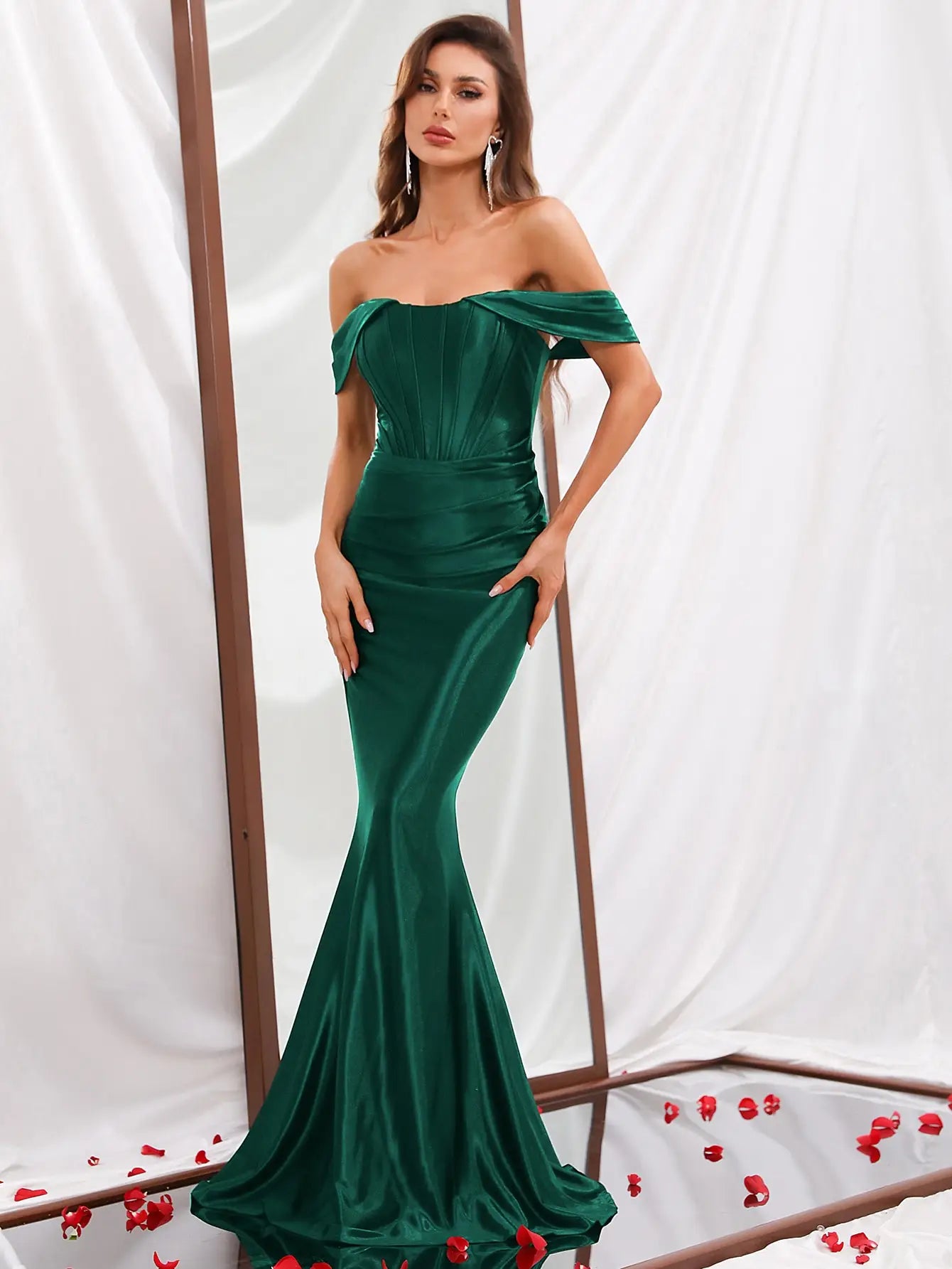 Amay Elegant Pleated Off Shoulder Satin Mermaid Party Dress & Evening Dress