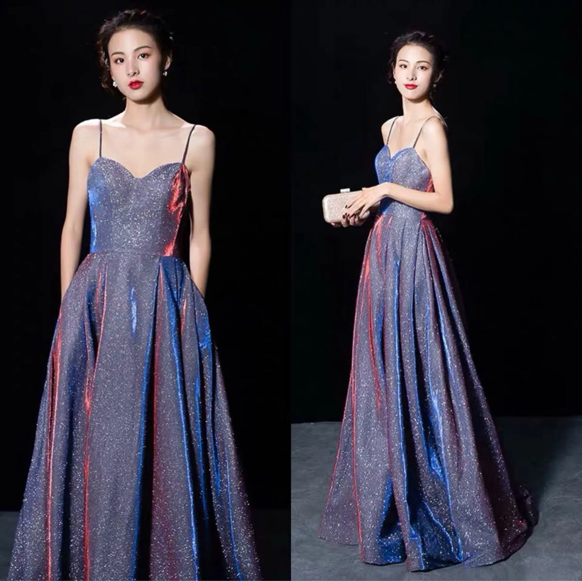 Maxy Elegant Glitter Banquet Dresses Women Fashion Spaghetti Straps Slimming Starry Sky Evening Party Dress Sexy Gown Prom Dress