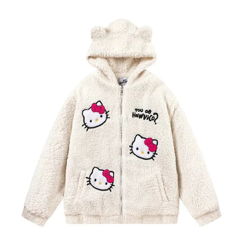 Maxy Hello Kitty Zip Hoodie Girl Loose Cardigan Coat Streetwear Women Clothes Oversized Sweatshirt Cardigan Plush Jacket Sweater