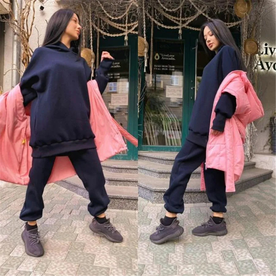 Maxy Winter Two Piece Set Women Tracksuit Oversized Suit 2024 Autumn Trouser Suits Female Sweatshirt Solid Sports Hoodie Sportswear