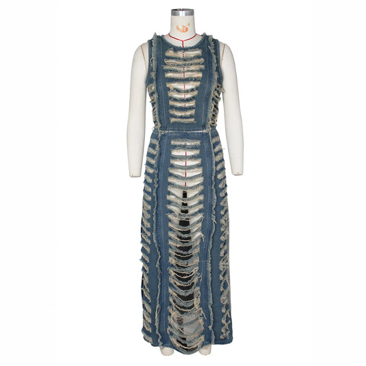 Maxy Women Sleeveless Crop Tank Tops and Split Side Maxi Skirt Streetwear Outfits Elegant Ripped Hole Denim Two 2 Piece Dress