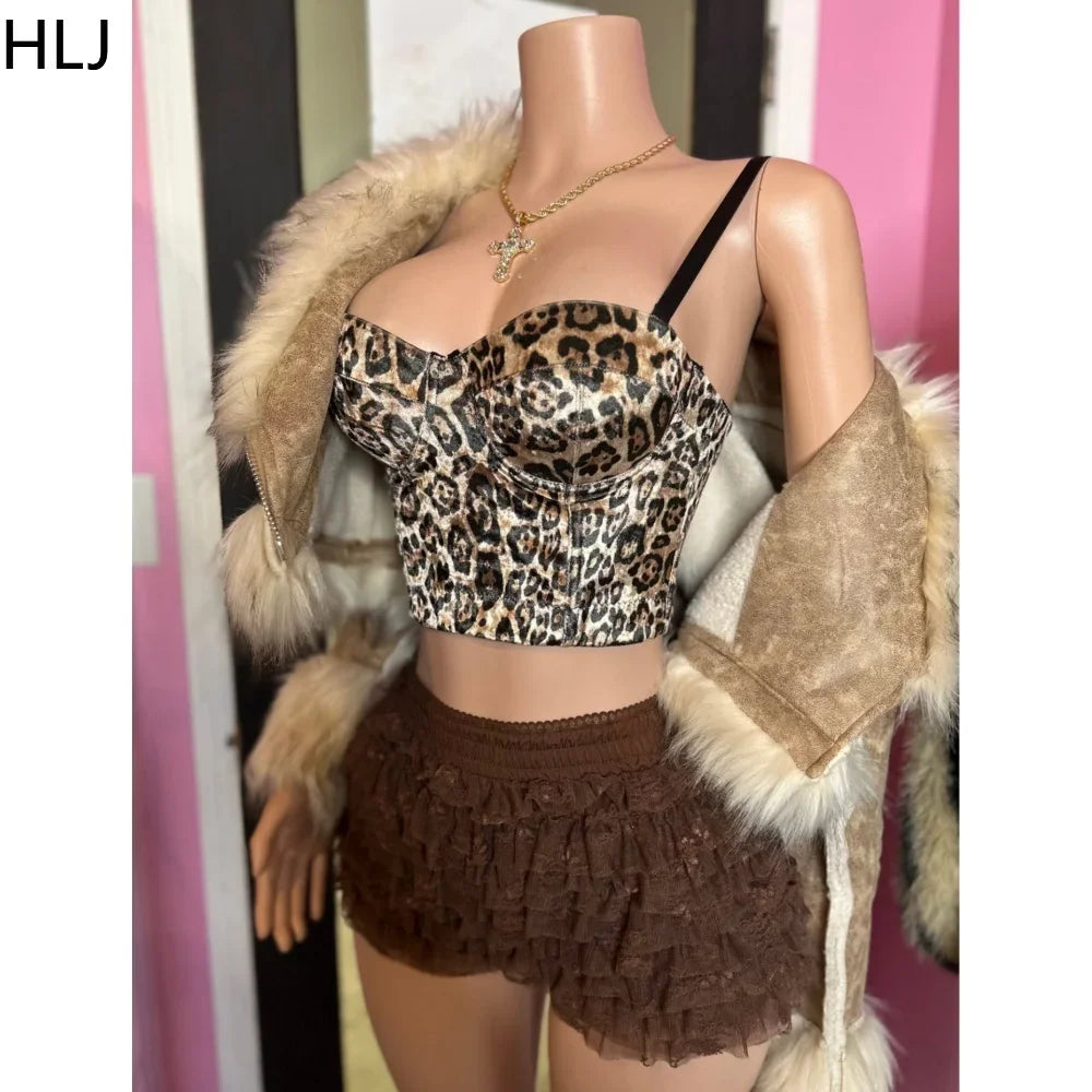 Maxy HLJ&GG Fashion Leopard Y2K Lace Ruched Skirts Shorts Two Piece Sets Women Spaghetti Strap Crop Tank Top And Mini Skirt Outfits