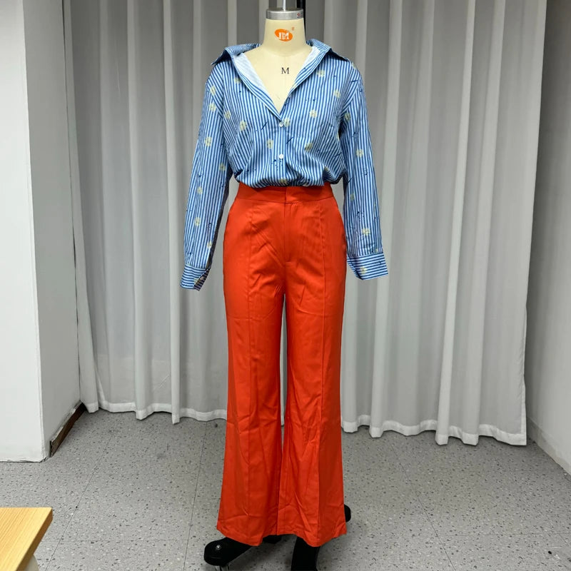 Maxy Women Two Piece Set Summer Casual Strip Printed Lapel Long Sleeve Button Shirts Top With Pocket Pencil Pants Sets