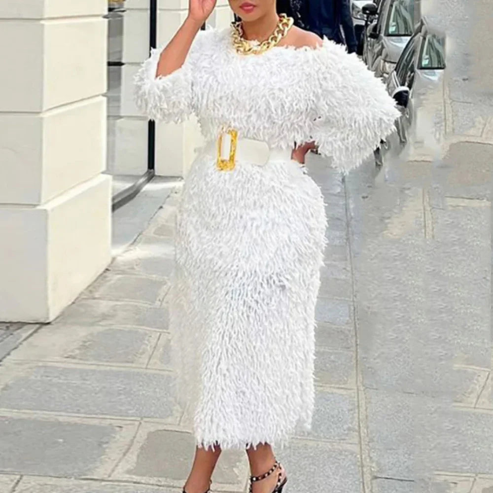 Maxy Women White Fur Dresses 3/4 Sleeves Tassel Elegant Fluffy Midi Dress with Belt Fall Winter Luxury Party Club Night Gowns