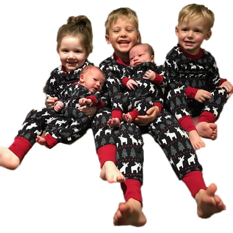 Family Christmas Pajamas Set Parents Kids Children Deer Print Home Sleepwear Nightwear Autumn Winter Matching Outfits