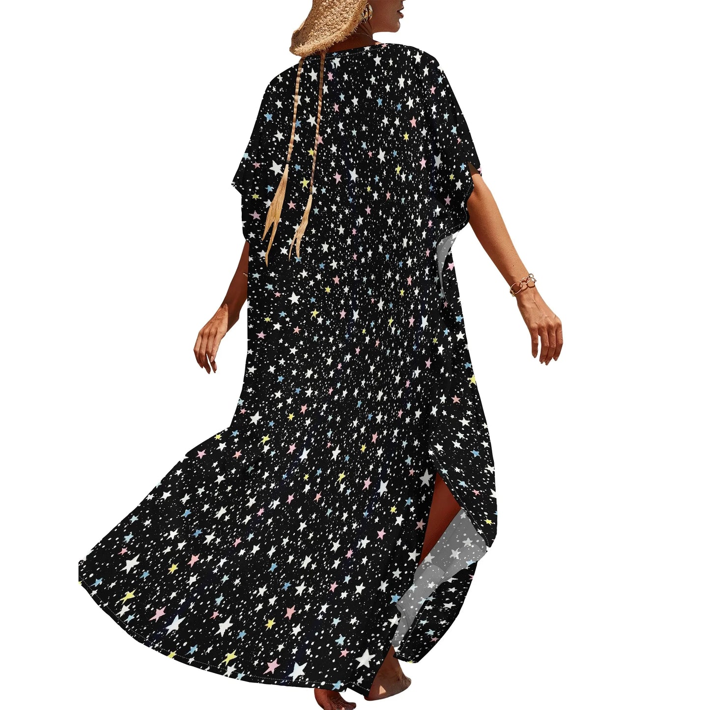 Maxy Starry Night Print Kaftan Maxy Dress V-Neck Loose Fit S-3XL – Fun Holiday Party or New Year’s Eve Celebration Look