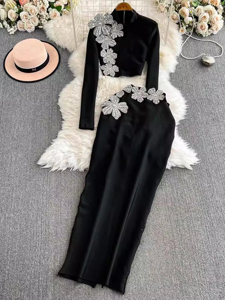 Maxy Elegant Two-piece Set Women's Stand Collar Long Sleeves Diamond Tops With High Waist Split Skirts Spriing New 27X1917