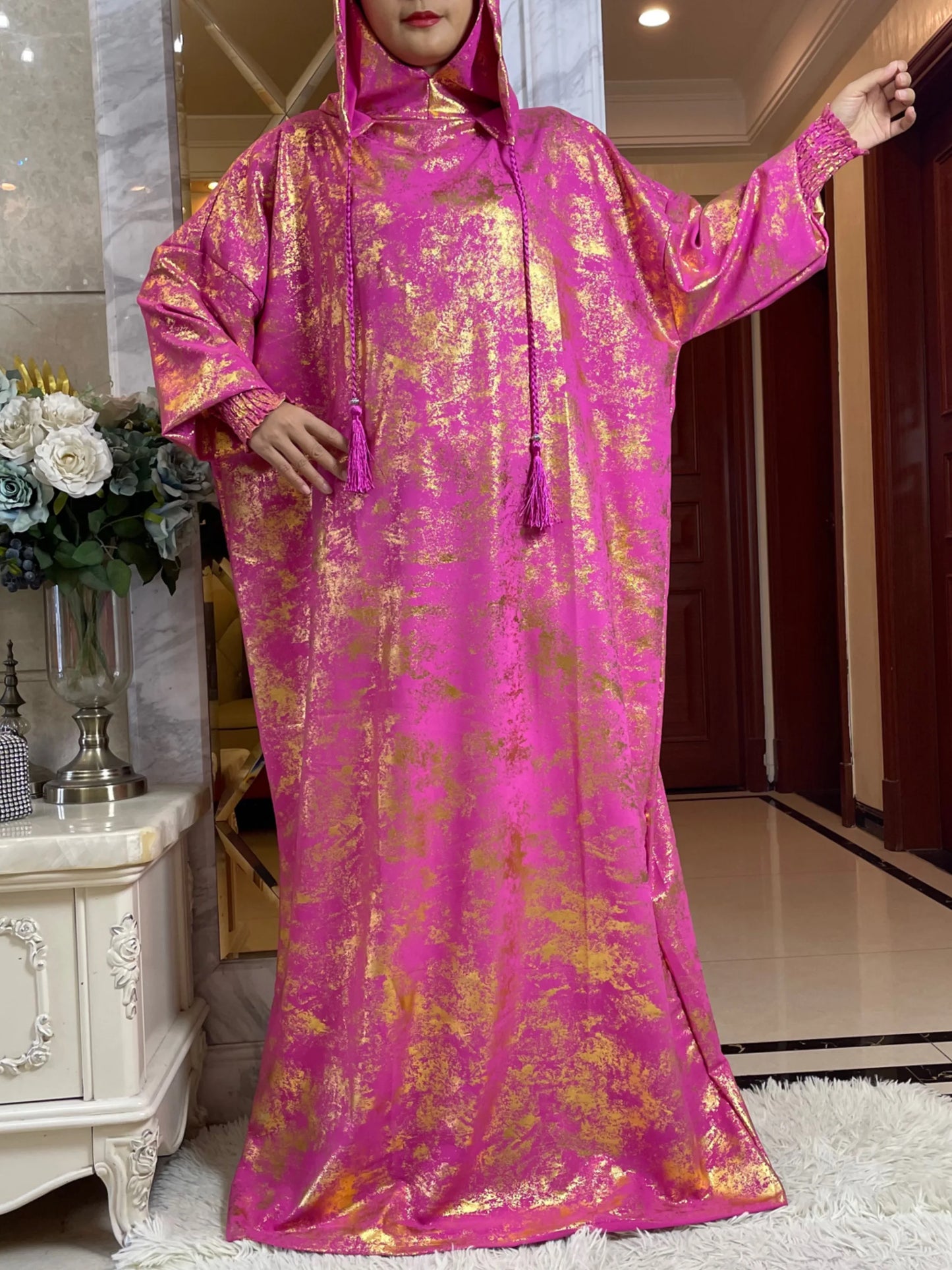 Maxy New Cotton Ramadan Muslim Two-Hat Abaya Dubai Turkey Islam Prayer Clothes Gold Dust   Dress Islam Women Dress Kaftan