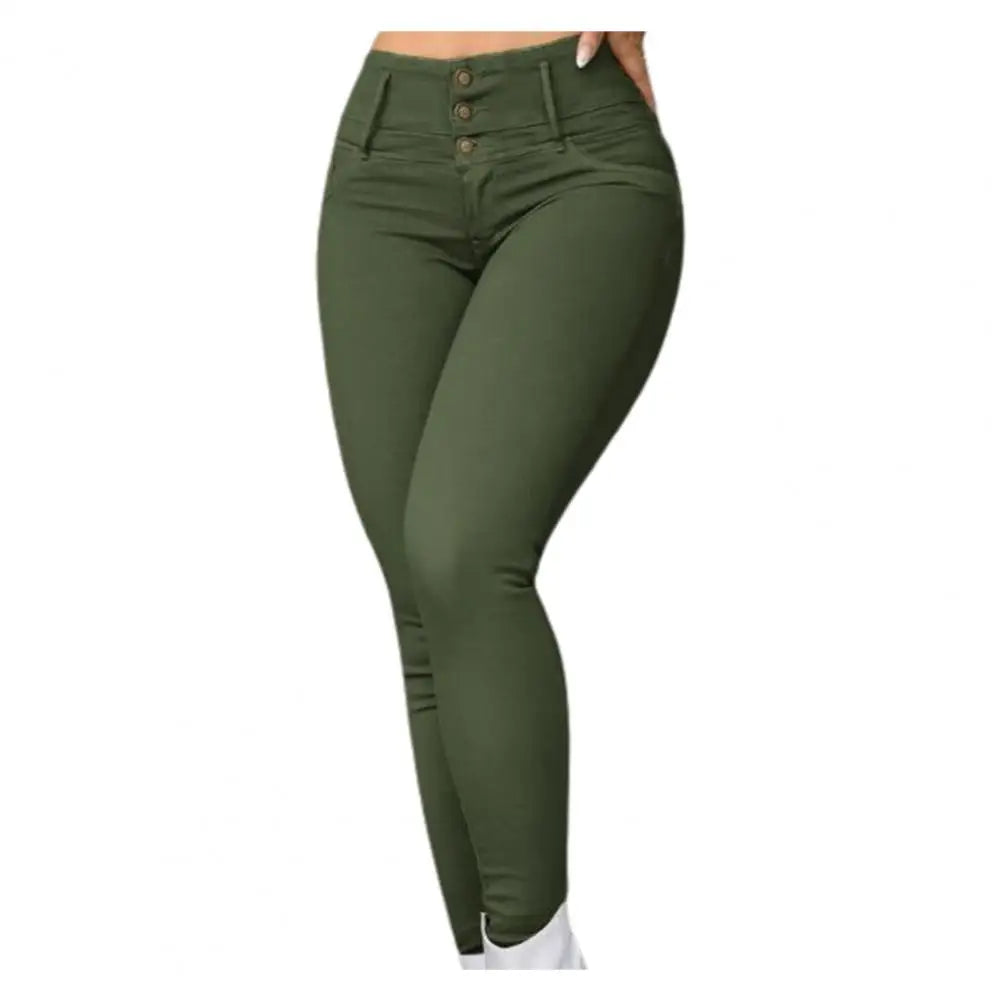 Maxy Skinny Women Pants High Waist Slim Stretchy Zipper Button Breathable Ankle Length Pencil Pants Lady Long Trousers