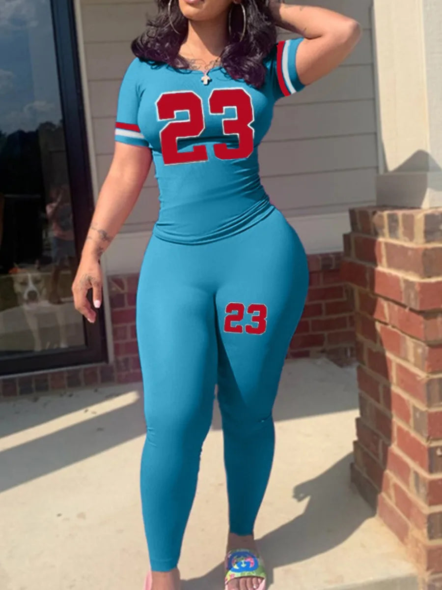 Maxy Plus Size Women Two Piece Tracksuits 23 Digital Print Skinny Pants Set  short Sleeve Sweatshirt +Skinny Pants Set Women Track