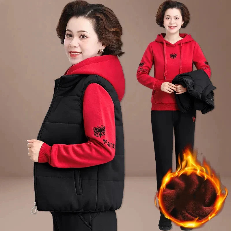 Winter Thick 3 Pieces Sets Vest Warm Outfit Loose Hooded Tracksuit High Waist Pant Suits Plush Lined Sweatshirts Woman Conjuntos