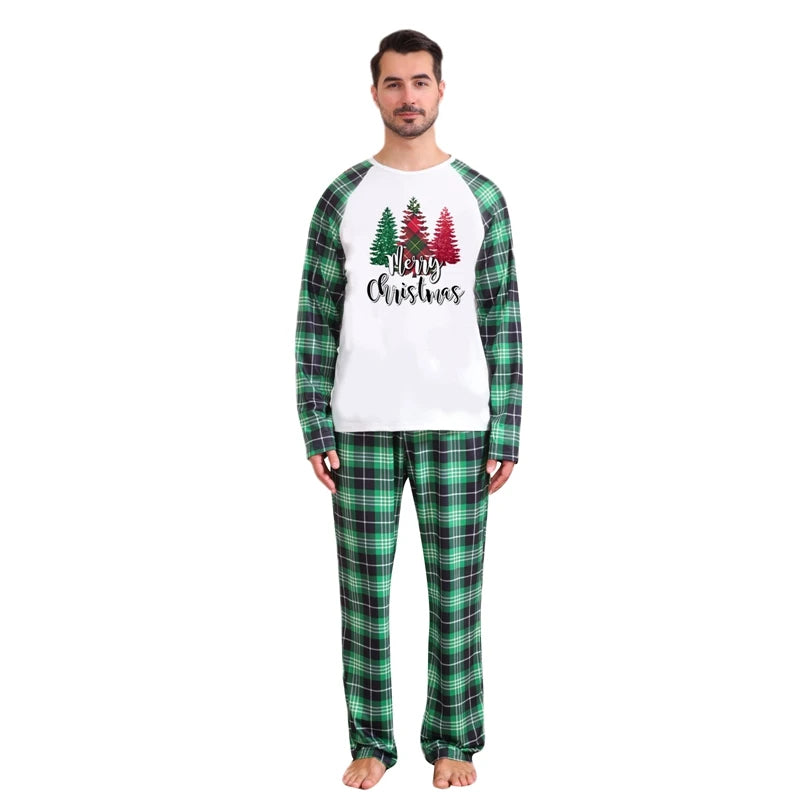 Maxy Christmas Matching Pajamas Christmas Tree Print Long Sleeve Shirt and Elastic Plaid Pants Set Loungewear Soft Sleepwear