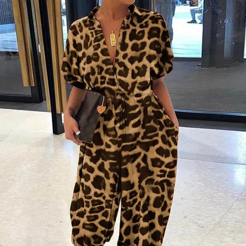Amay Summer Fashion V-Neck Button Lace-Up Jumpsuit Short Sleeve Loose Playsuit Overalls Women Elegant Leopard Print Pocket Rompers
