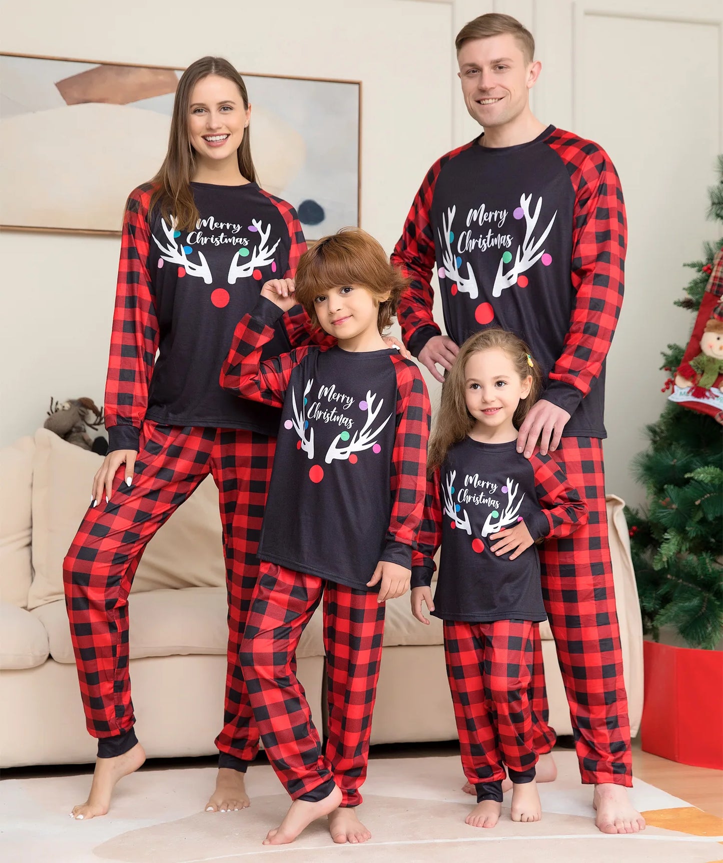 Merry Christmas Print Plaid Family Pajamas Set Soft Cute 2 Pcs Sleepwear Adults Kids Clothing Sets Baby&Dog Romper Pjs Xmas