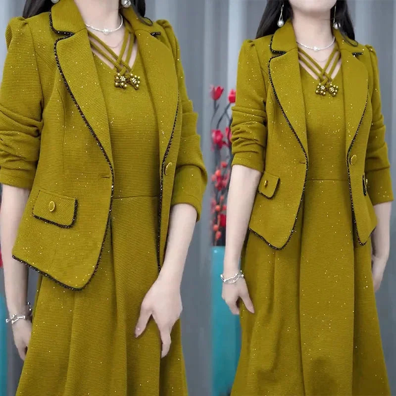 Maxy Middle Aged Female Dress Sets Spring Autumn High End Elegant Blazer Coat And Long Dress 2PCS Women OL Temperament Dresses Suit