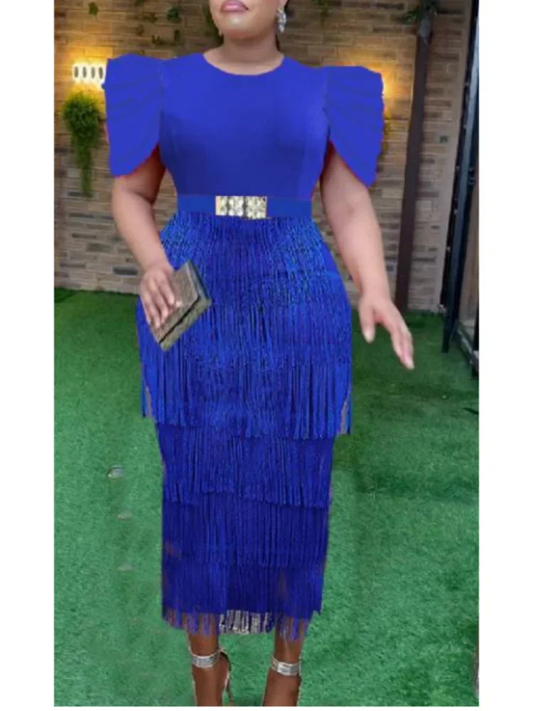 Amay Blue Tassel Bodycon Party Dress Fringe Women with Short Clock Sleeves Stylish Trendy Outfit Perfect Night Special Celebrations