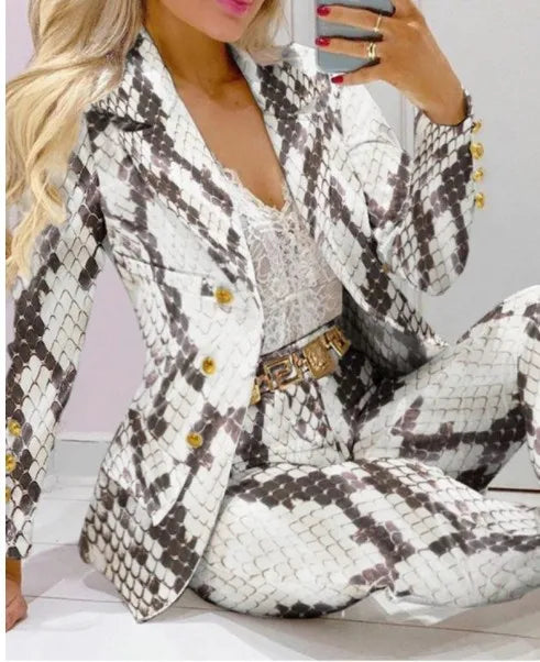 Maxy Fashion Butterfly Print Blazer Suit and Pants Two Piece Set for Women Autumn Winter Outfit Office Lady Casual Clothing