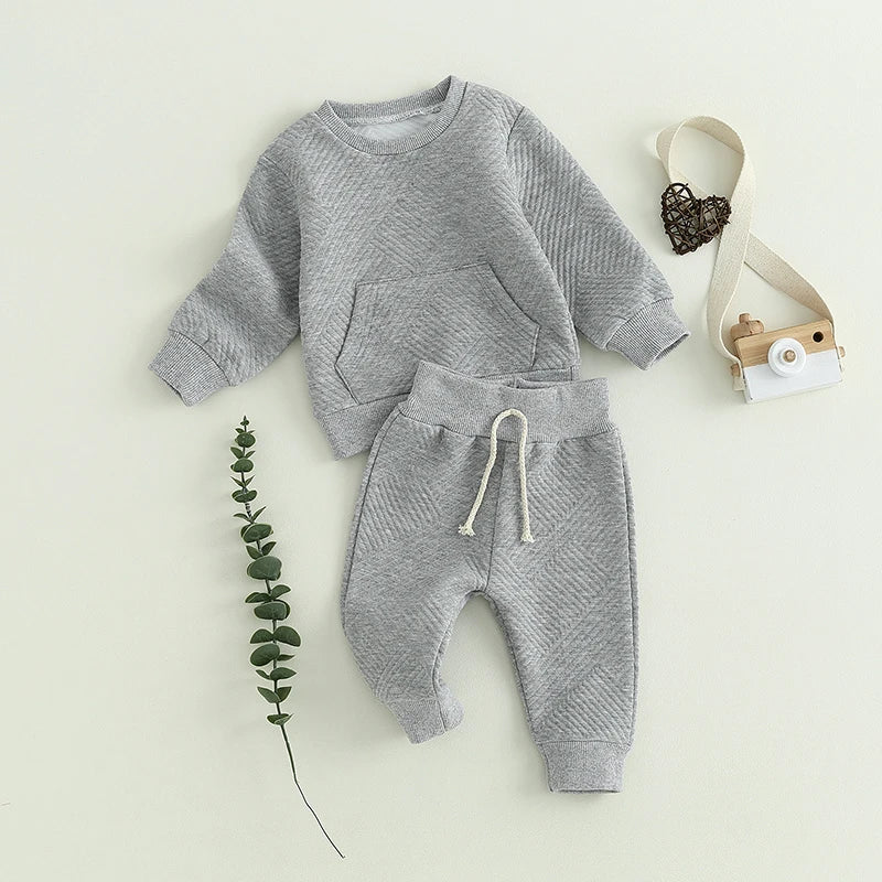 Maxy 2Pcs Baby Boys Fall Winter Outfits Long Sleeve Front Pocket Textured Sweatshirt Tops and Trousers Set Toddler Clothes