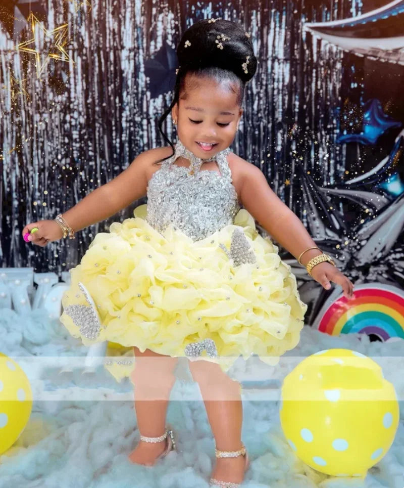 Maxy Customized Sleeveless Flower Girl Dresses for Wedding Crystals Pearls Ruffles Princess Girl Birthday Party First Communion Gown