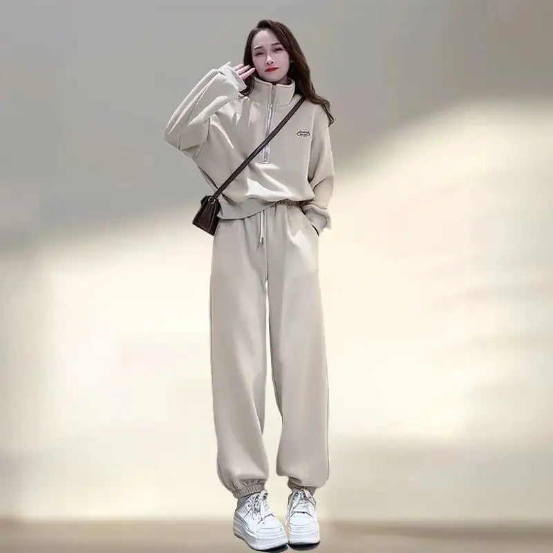 Amay Casual Pants Set for Women, Autumn and Winter Standing Collar Long Sleeved Sweatshirt, Sweatpants Sports Set for Women