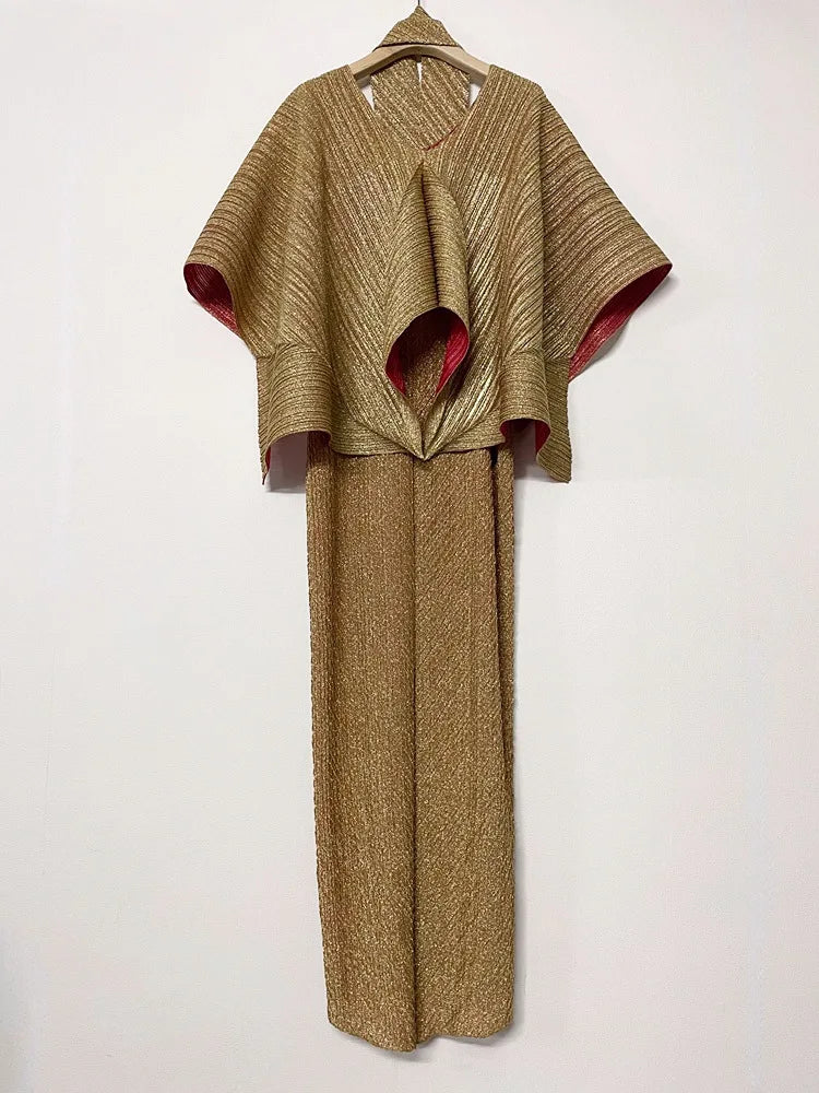 Amay Women's yellow Maxy lace-up cloak + sleeveless dress Pleated Fashion plus-size elegant evening dresses