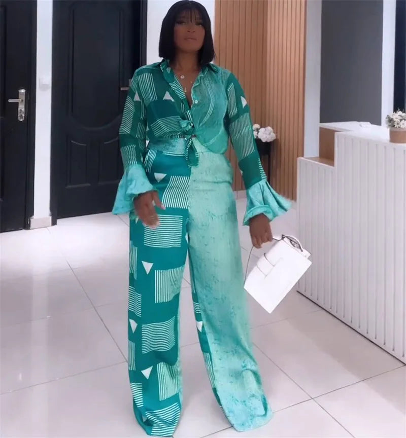 Maxy Flare Sleeve Two 2 Piece Pants Sets Women Vacation Outfits African Clothes for Woman Summer Kebaya Ankara Suit Plus Size