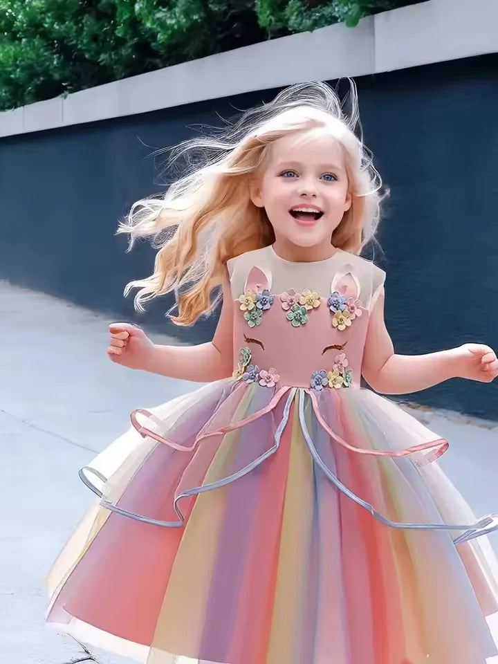 Maxy Children's Unicorn Princess Dress For Birthday Girls Party Dresses Elegant Rainbow Evening Dress Festive Performance Costume