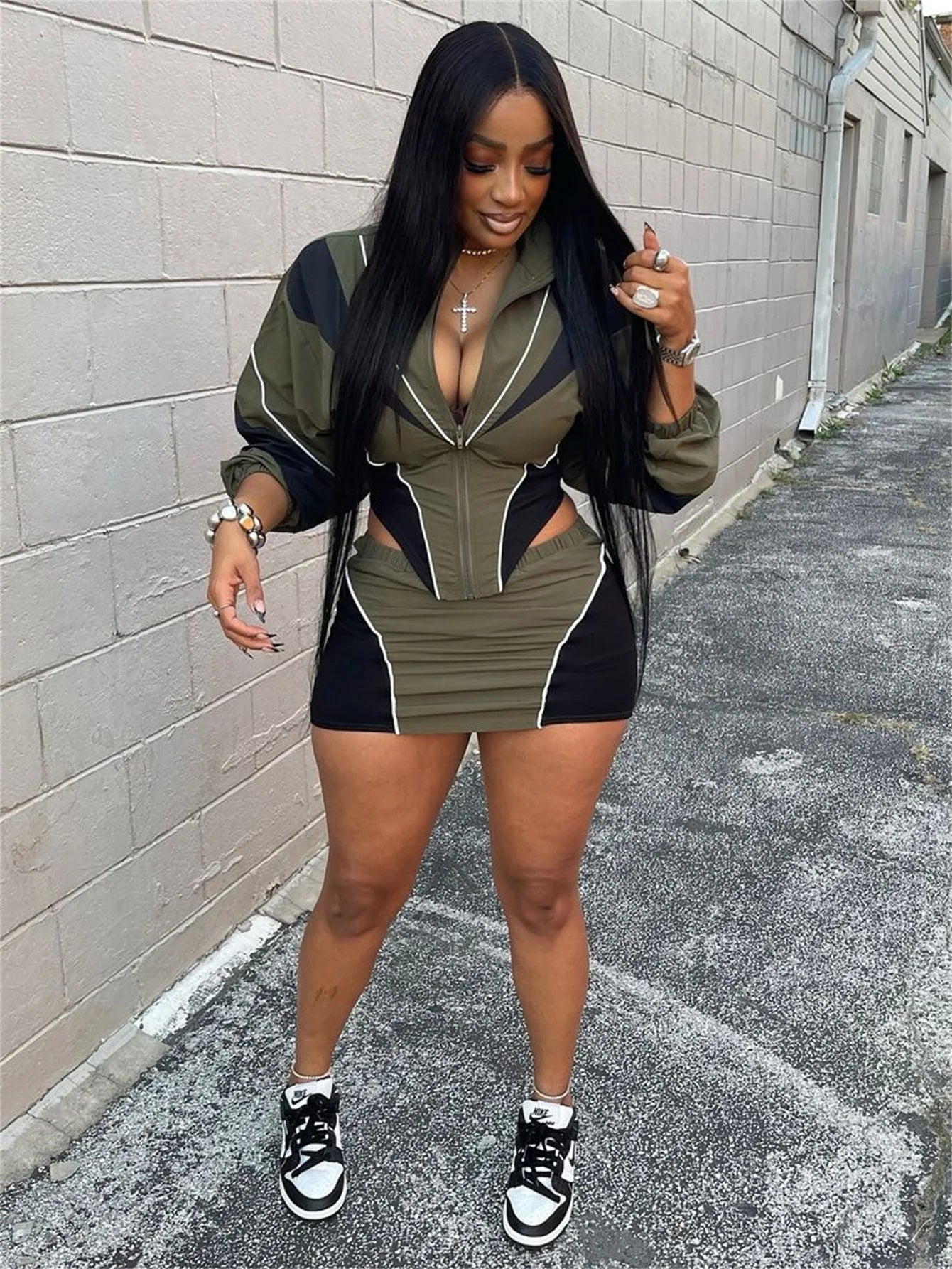 Maxy FAGADOER Color Block Two Piece Set For Women Casual Zip Lantern Sleeve Irregular Crop Jacket + High Waist Skirts Suit Streetwear