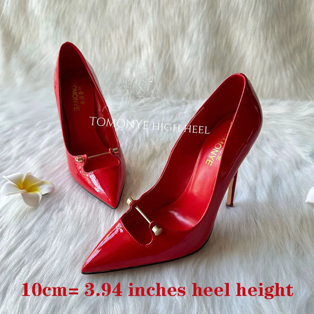 Amay Free Shipping Black White Red Patent Leather Shallow Metal Hollow Out Open Toed Women Lady Hot Sale 120mm High Heel Shoes Pump