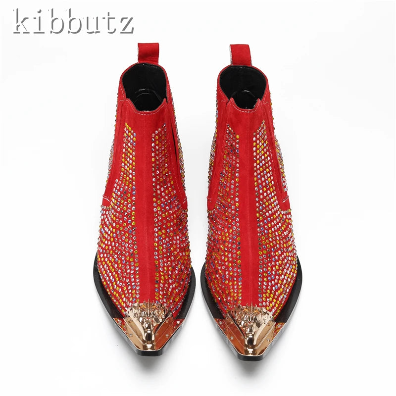 Maxy Fashion Rhinestones Suede Leather Ankle Boots Men New Luxury Metal Toe Chelsea Boots Male Party Dress Shoes