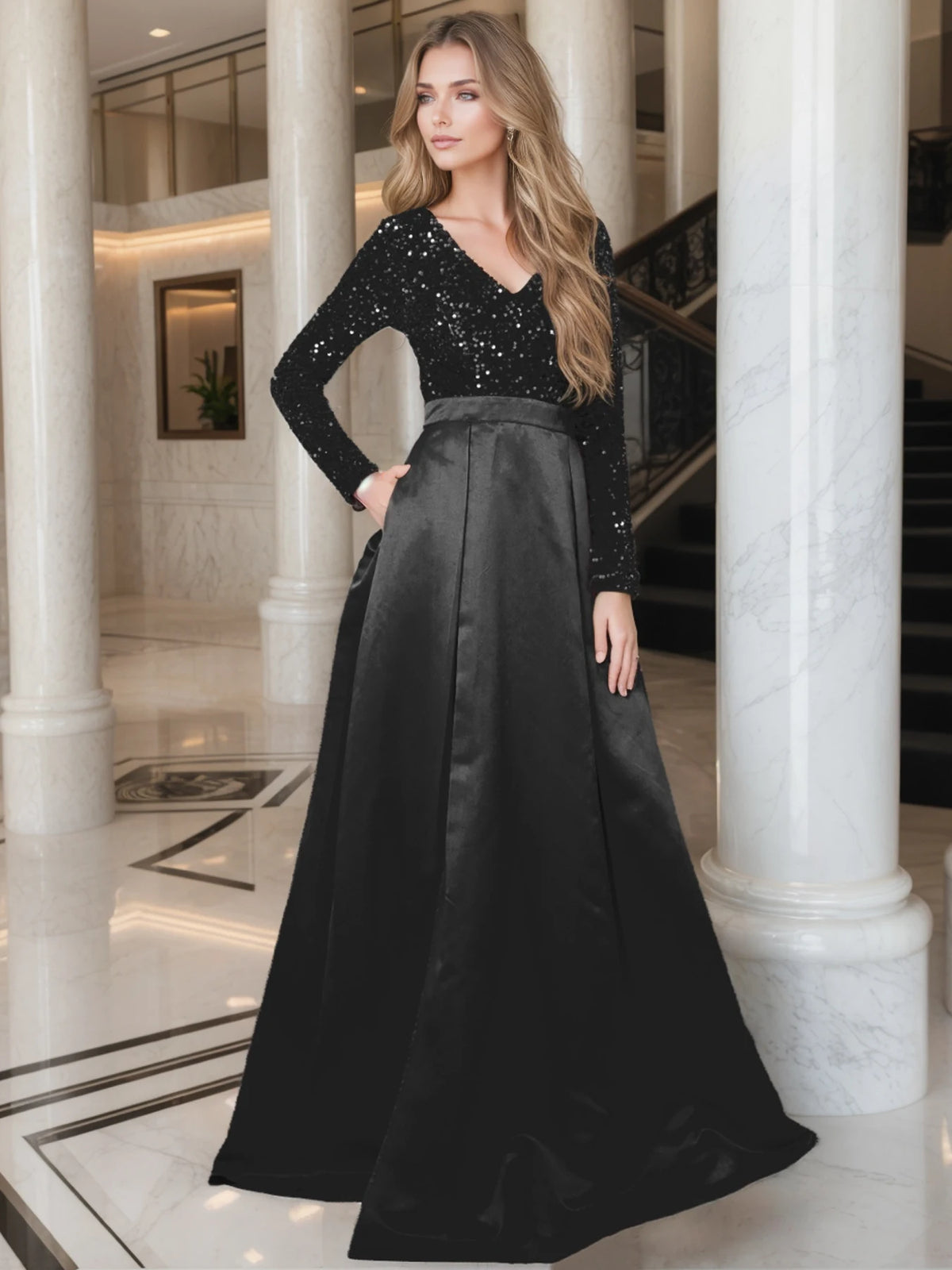 Maxy Romanic Women V Neck Sequin Satin Long Sleeves Evening Party Dress Graduation Prom Gown Floor Length Slit With Pocket Dresses