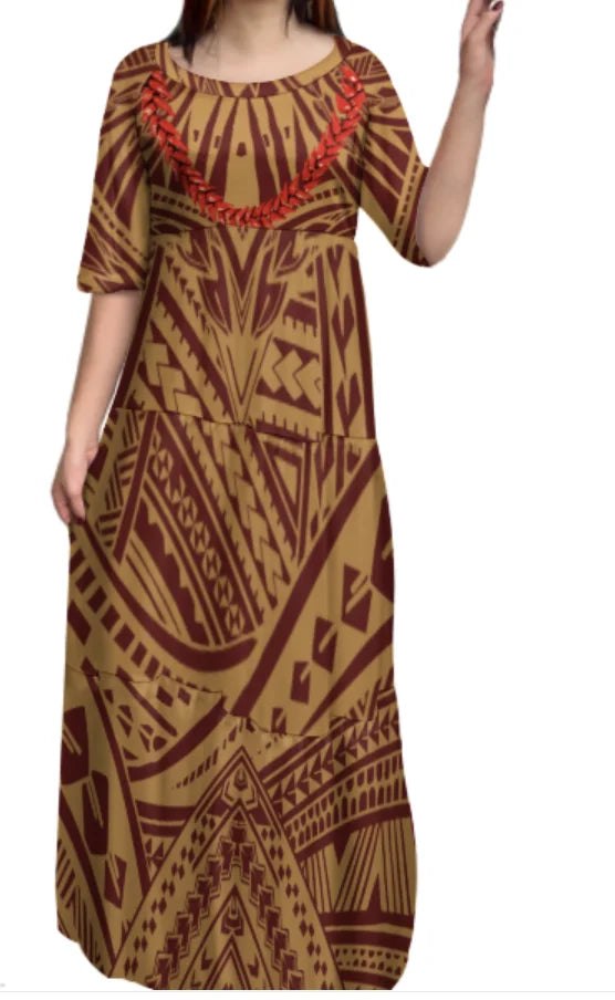 Maxy Customize Printed Logo Oem Dress Brown Polynesian Tribal Tattoo Dresses Ladies Flare Sleeve Round Neck Casual Mini Bodycon Dress