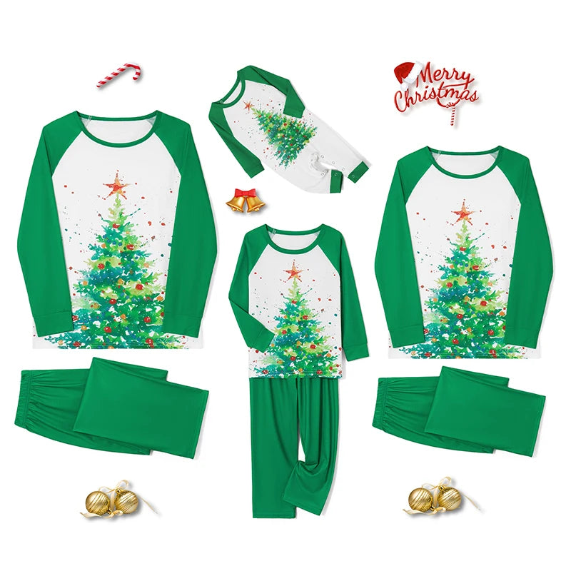 Family Matching Christmas Pajamas Set Christmas Tree Print Long-Sleeved Round Neck Tops +Elastic Waist Trousers/Romper Sleepwear