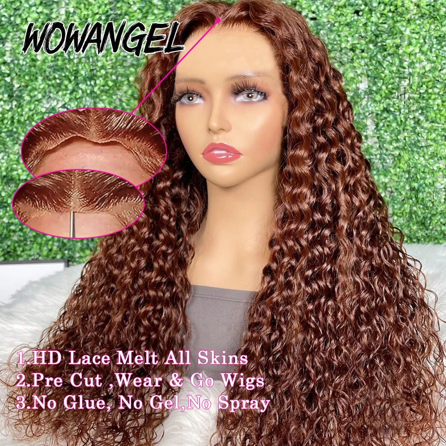 Maxy WOW ANGEL Reddish Brown Pre Cut Glueless Wig Human Hair Ready To Wear 5x5 HD Lace Closure Water Wave Curly Wigs Wear To Go