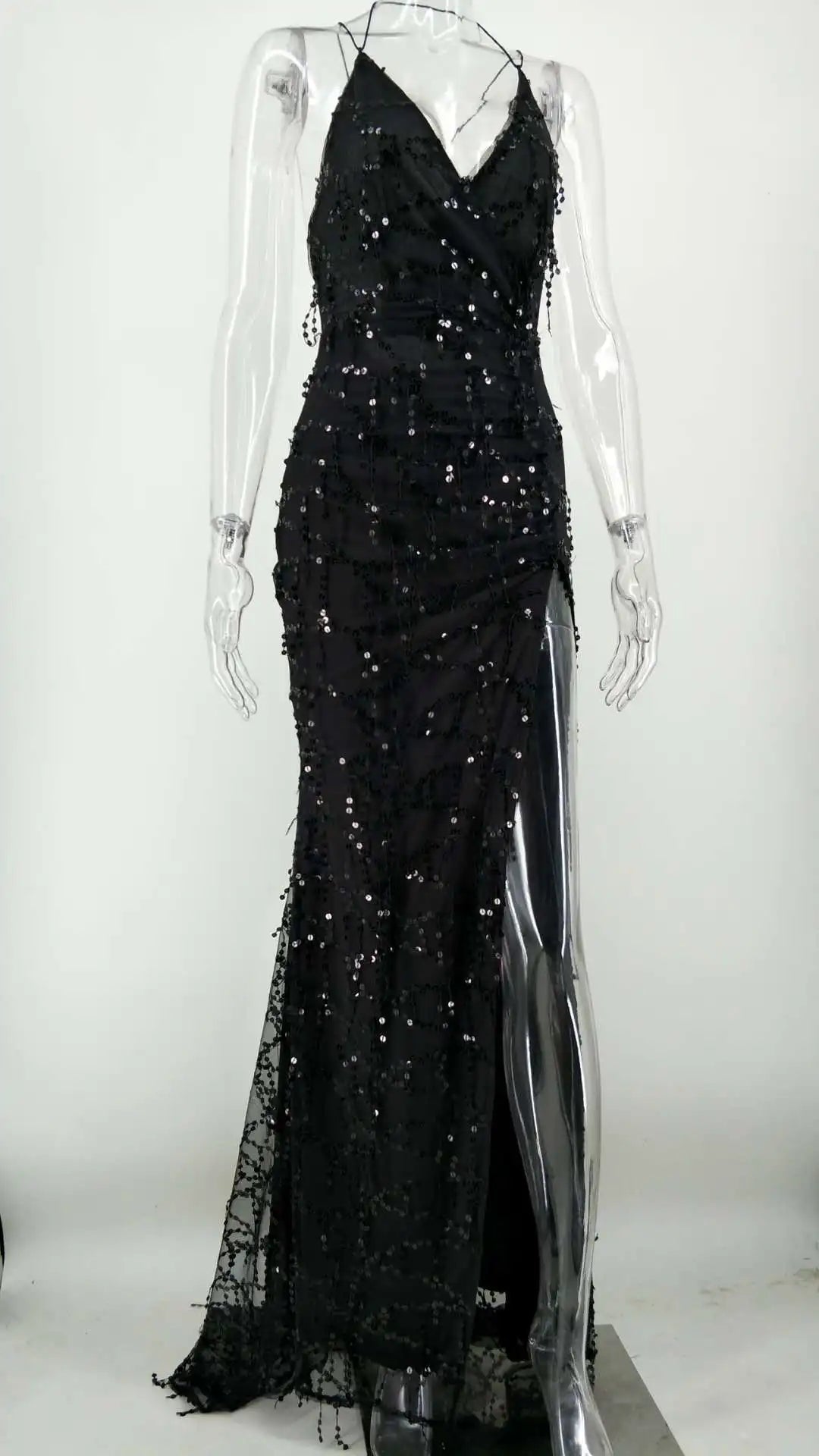 Amay Women Sequin Deep V-neck Party Dresses High Split Spaghetti Strap Long Gowns Women Evening Dress Prom