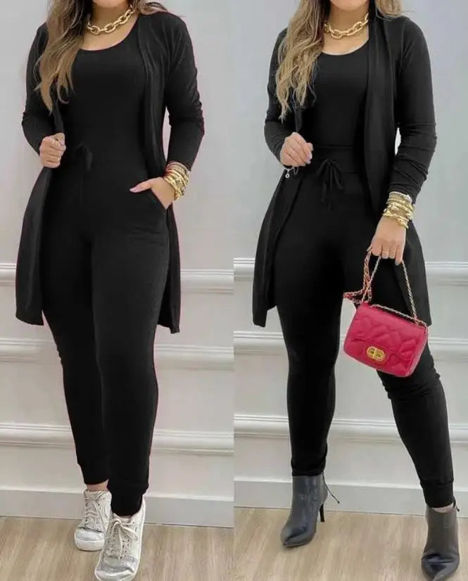 Maxy Womens Two Piece Sets Outfit Sleeveless Jumpsuit & Pocket Design Longline Coat 2023 Autumn Winter Spring New Fashion Casual