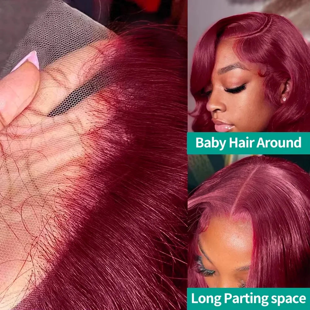 99j Burgundy 46 Inch Body Wave Human Hair Wig 13x6 HD Lace Frontal 220 Density Pre Plucked Human Hair Adjustable Breathable Wig
