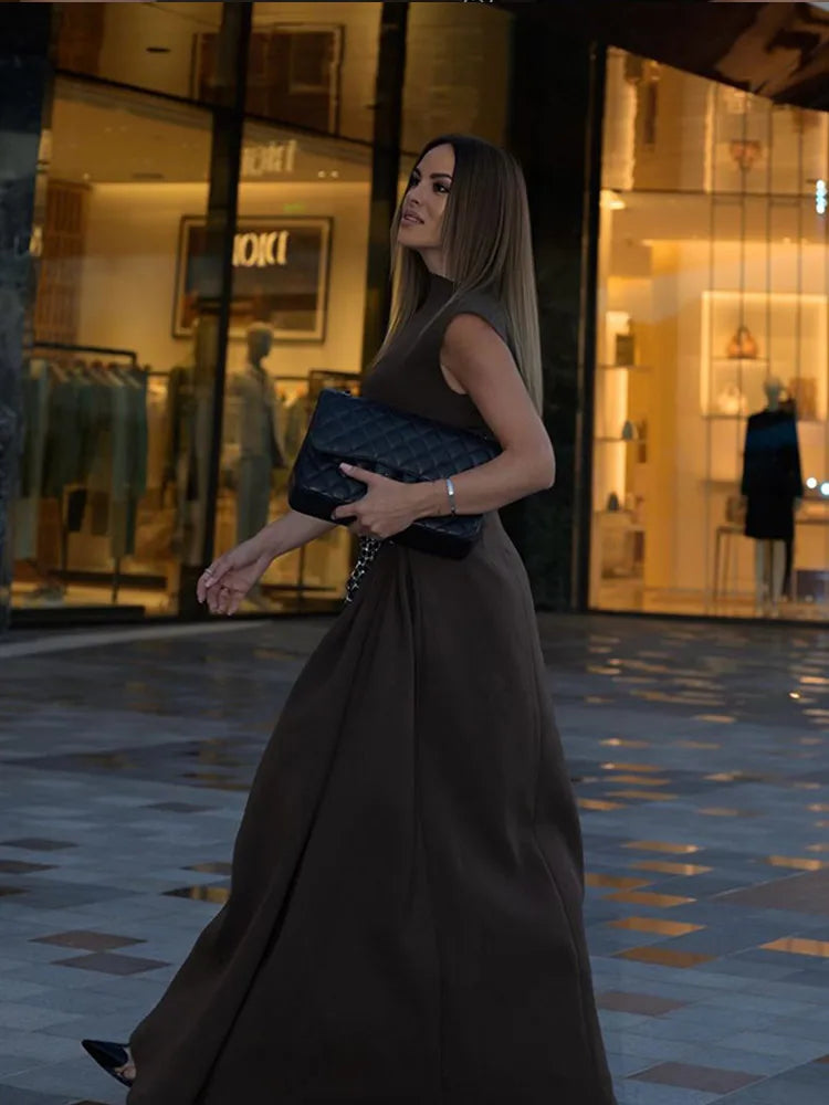 Amay Women Elegant Brown Irregular Collar High Waist Long Dress Fashion Sleeveless Retract Waist A-line Dresses Lady New Party Robe