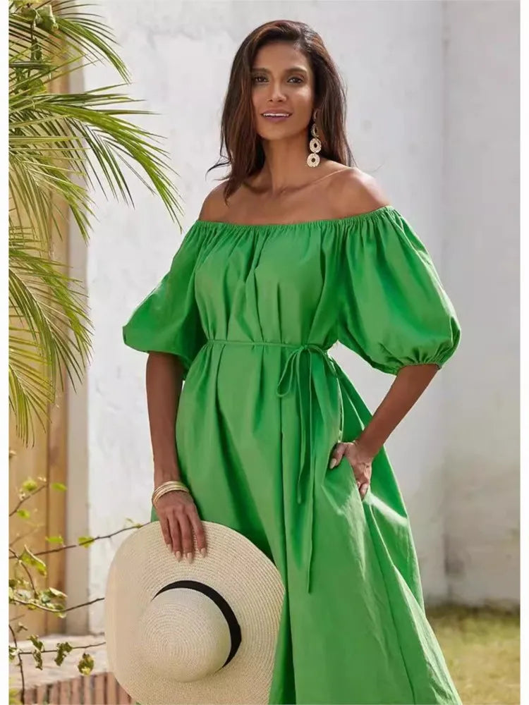 Maxy New Dress Casual Puff Sleeves Slant Shoulder Elegant Dress Fashion Green Loose Office Holiday Beach Party Dresses Robe Femme
