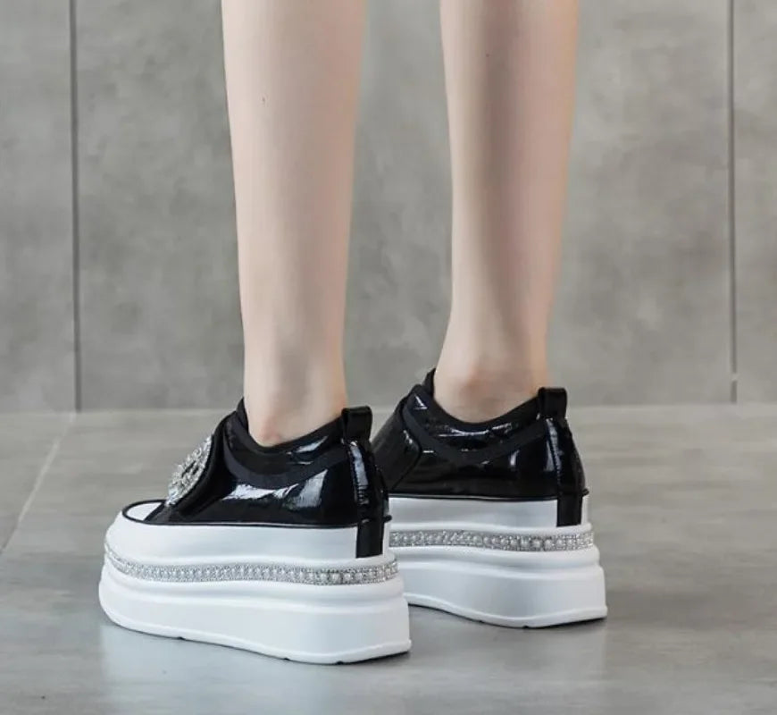 Amay 8cm Crystal High Top Women Genuine Leather Platform Boots Wedge Hidden Heel Hook Spring Autumn Bling Shoes Sneakers Ankle Boots