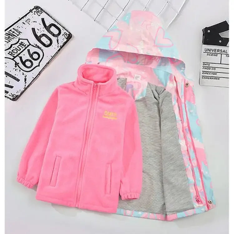 Waterproof Hooded Coat Kids Cartoon Girls Lovely Warm Rmovable Fleece Lined Jacket Cotton Padded Cothes Children Outfit XMP95